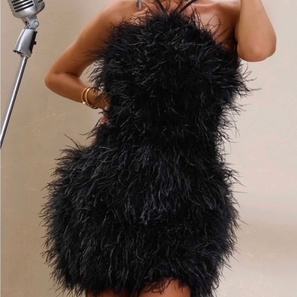 Club L London Black Feather Strapless Mini Dress